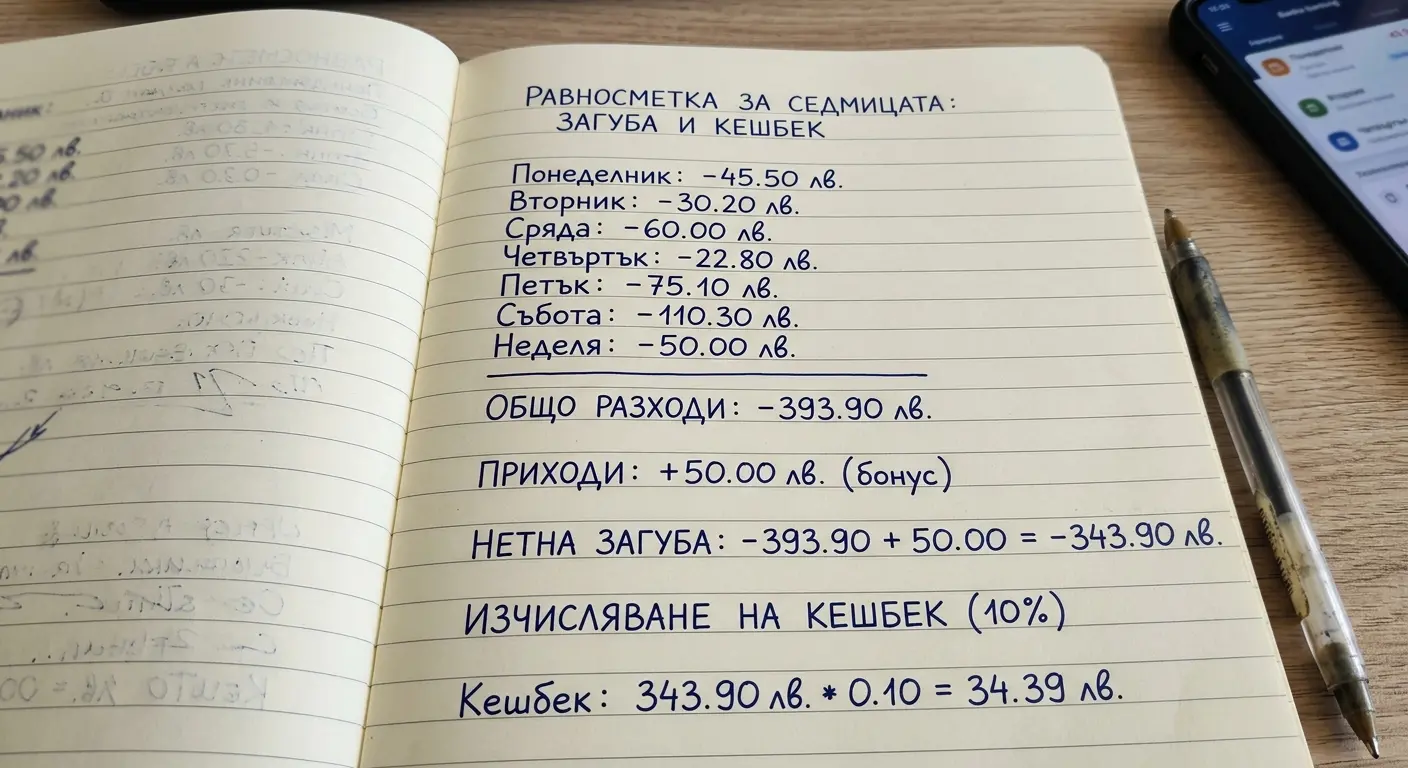 Числов пример за кешбек — изчисление на нетна загуба за седмица